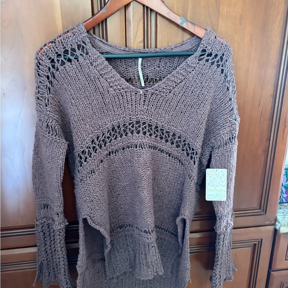 Free People Brown V-Neck Sweater with Chunky Knit